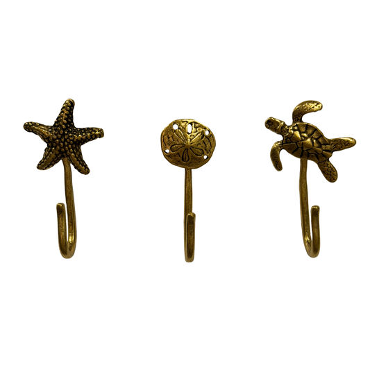 Sea Life Push Pin Hooks, Small Metal Wall Hooks with Push Pins for Keys, Jewelry, Pictures, Mini Hooks for Bulletin Boards, Set of 3