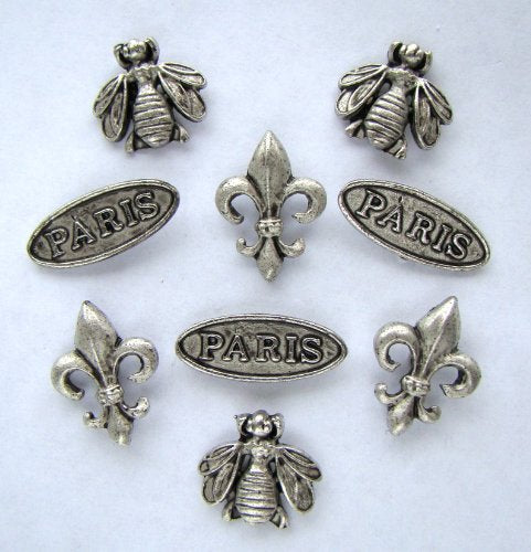 Paris Push Pins (10 Pc Set) | Decorative Silver Eiffel Tower Fleur De Lis Thumb Tacks French Office Decor Travel Gift