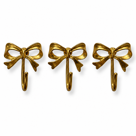 Bow Push Pin Hooks, Small Metal Wall Hooks with Push Pins for Keys, Jewelry, Pictures, Mini Hooks for Bulletin Boards, Set of 3