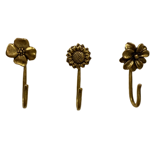 Flower Push Pin Hooks, Small Metal Wall Hooks with Push Pins for Keys, Jewelry, Pictures, Mini Hooks for Bulletin Boards, Set of 3