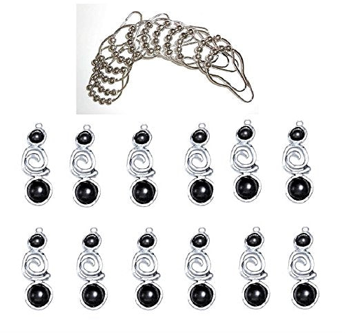 Contemporary Swirl with Black Stone Shower Curtain Adornments, Silver Finish, Set of 12