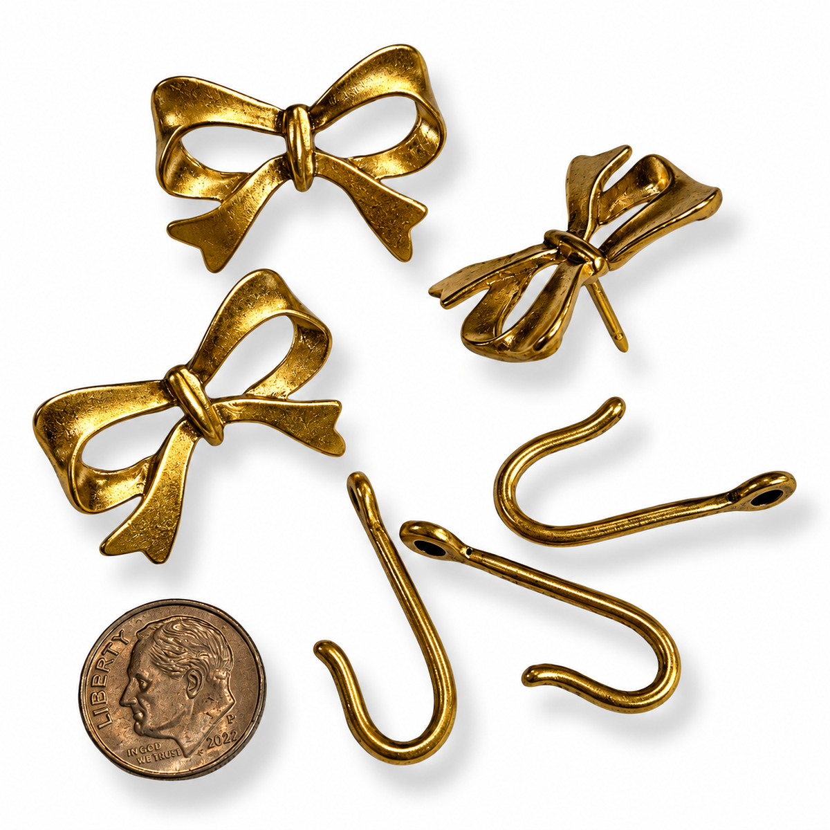 Bow Push Pin Hooks, Small Metal Wall Hooks with Push Pins for Keys, Jewelry, Pictures, Mini Hooks for Bulletin Boards, Set of 3