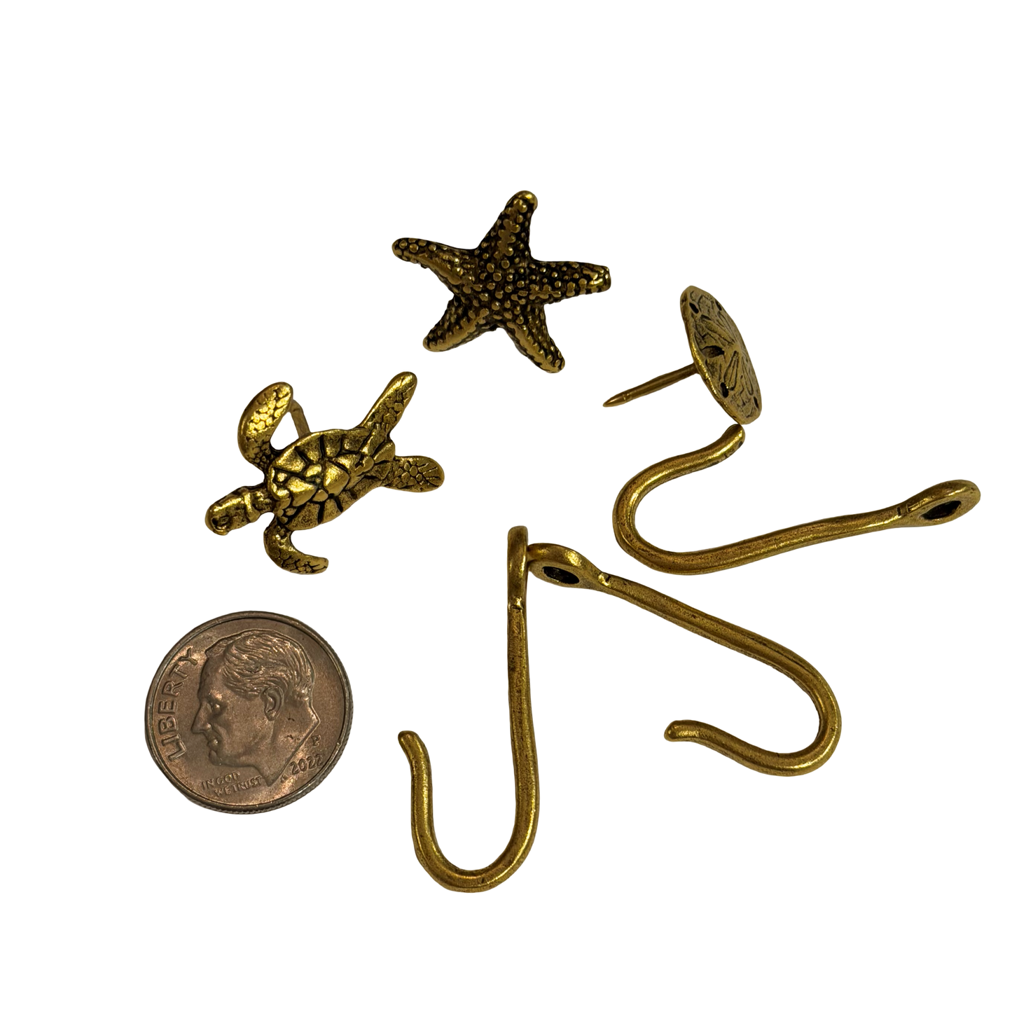 Sea Life Push Pin Hooks, Small Metal Wall Hooks with Push Pins for Keys, Jewelry, Pictures, Mini Hooks for Bulletin Boards, Set of 3