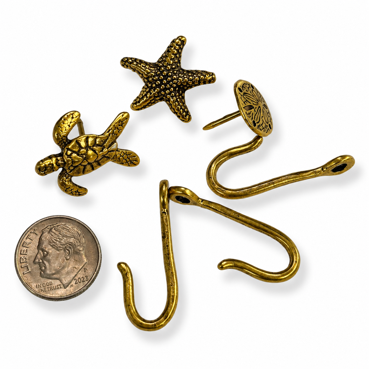 Sea Life Push Pin Hooks, Small Metal Wall Hooks with Push Pins for Keys, Jewelry, Pictures, Mini Hooks for Bulletin Boards, Set of 3