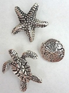 Sea Life Push Pins (10 Pc Set) | Decorative Silver Starfish Turtle Sand Dollar Coastal Beach Office Decor Gift