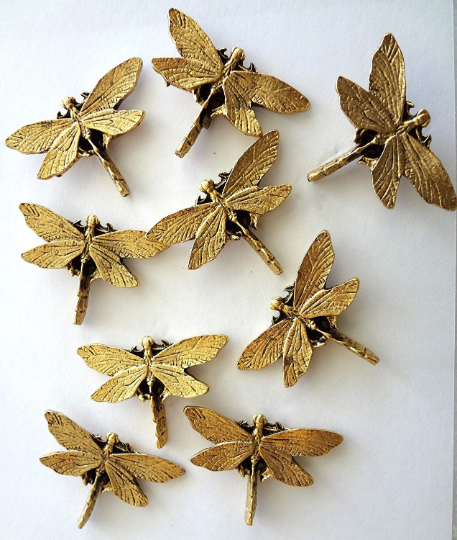 Large Dragonfly Push Pins (10 Pc Set) | Decorative Gold Insect Thumb Tacks Garden Office Desk Decor Bohemian Unique Gift