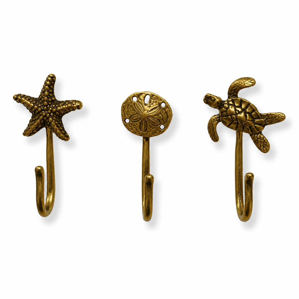 Sea Life Push Pin Hooks, Small Metal Wall Hooks with Push Pins for Keys, Jewelry, Pictures, Mini Hooks for Bulletin Boards, Set of 3