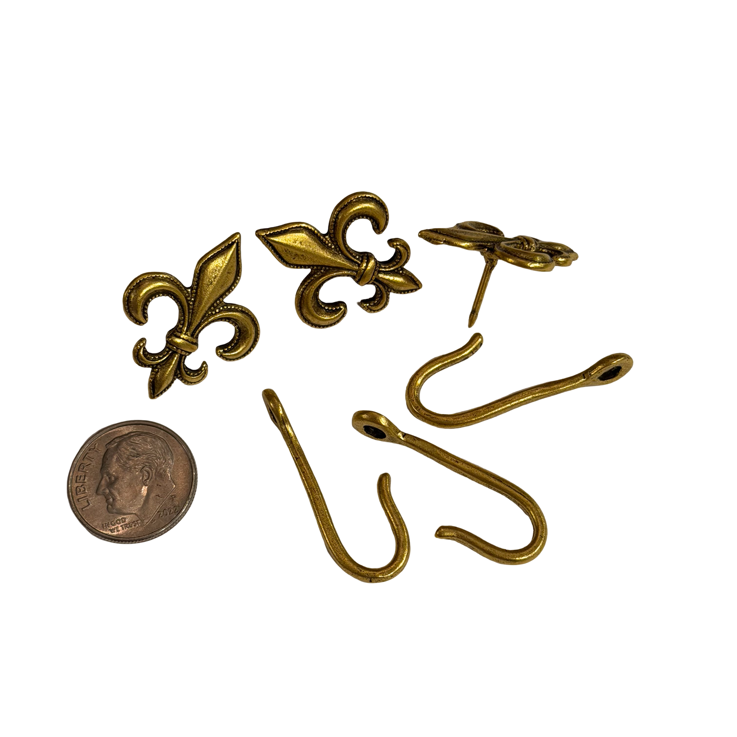 Fleur De Lis Push Pin Hooks, Small Metal Wall Hooks with Push Pins for Keys, Jewelry, Pictures, Mini Hooks for Bulletin Boards, Set of 3