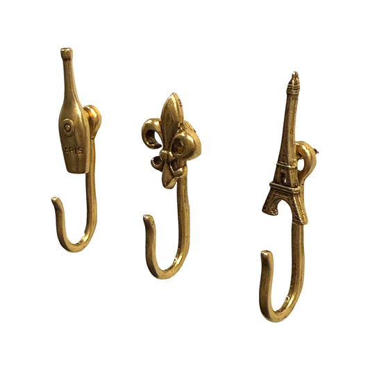 Paris Push Pin Hooks, Small Metal Wall Hooks with Push Pins for Keys, Jewelry, Pictures, Mini Hooks for Bulletin Boards, Set of 3