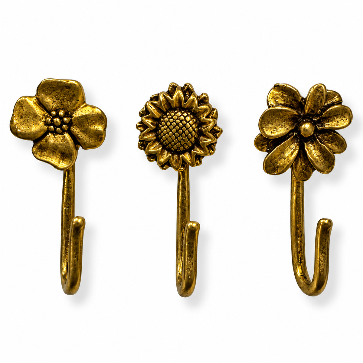 Flower Push Pin Hooks, Small Metal Wall Hooks with Push Pins for Keys, Jewelry, Pictures, Mini Hooks for Bulletin Boards, Set of 3