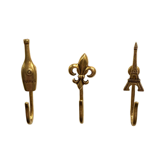 Paris Push Pin Hooks, Small Metal Wall Hooks with Push Pins for Keys, Jewelry, Pictures, Mini Hooks for Bulletin Boards, Set of 3