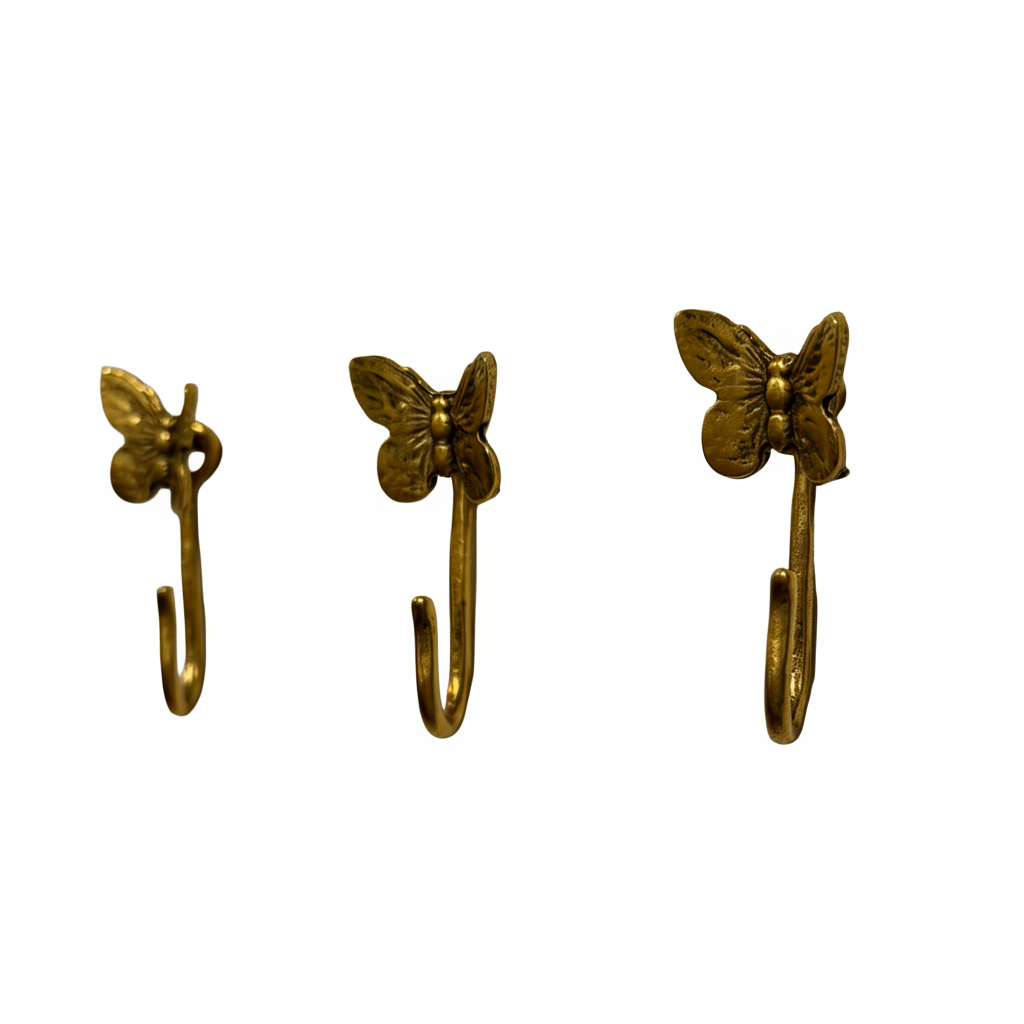 Butterfly decorative metal push pin hooks in gold for hanging pictures, jewelry, photos, and lightweight decor. 