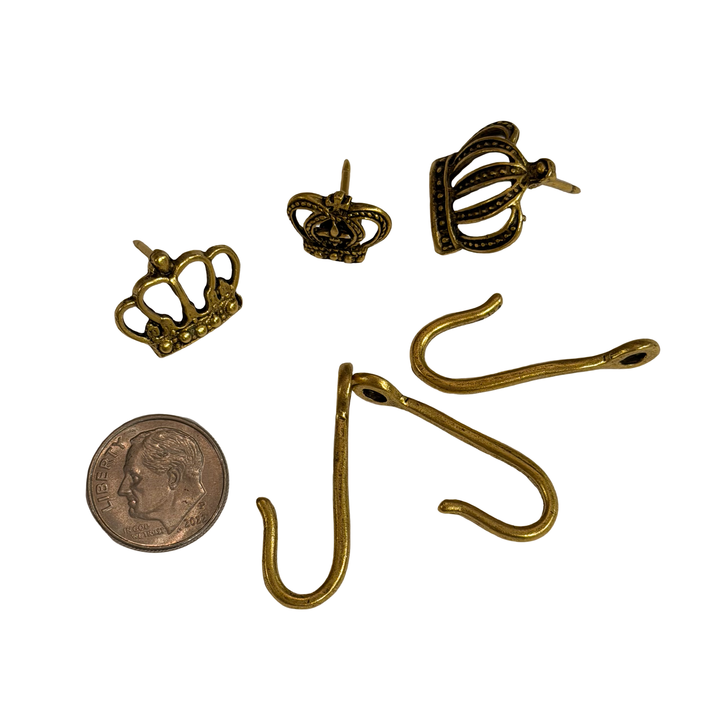 Crown Push Pin Hooks, Small Metal Wall Hooks with Push Pins for Keys, Jewelry, Pictures, Mini Hooks for Bulletin Boards, Set of 3