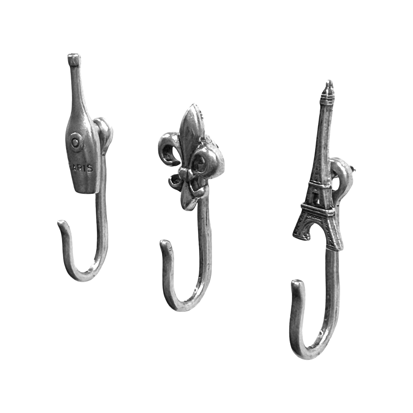 Paris Push Pin Hooks, Small Metal Wall Hooks with Push Pins for Keys, Jewelry, Pictures, Mini Hooks for Bulletin Boards, Set of 3