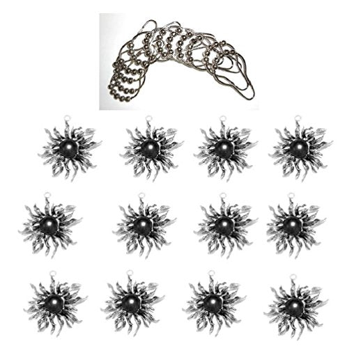 Norma Jean Designs Wild Flower with Black Stone Center Shower Curtain Hook Add-on - Antique Silver Finish - 12pcs Free Roller Ball Chrome Shower Curtain Hooks with Purchase